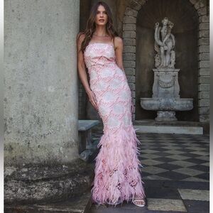 Elegant Pink Feather Maxi Dress